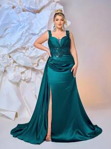 Glamrae Váy dài đuôi cá xẻ tà cao cổ chữ V sâu màu xanh lá cây thanh lịch lãng mạn cỡ lớn có đính sequin chắp vá bằng vải satin co giãn có viền đính cườm hai bên, phù hợp cho đám cưới, tiệc tùng, sự kiện tiệc chiêu đãi - màu xanh lá - Xem 7