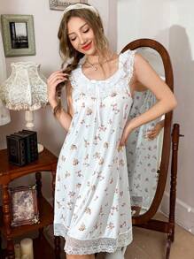 CottageSlumber Vestido de dormir con volantes de estilo A, panel de encaje y estampado floral ditsy elegante francés para mujer, camisón floral francés elegante con encaje, camisón de algodón para mujer - Blanco - Ver 5