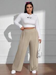 SHEIN EZwear Plus Size Casual Loose Solid Color Elastic Waist Wide Leg Pants,Back To School High Waist Pants - Camel - View 4