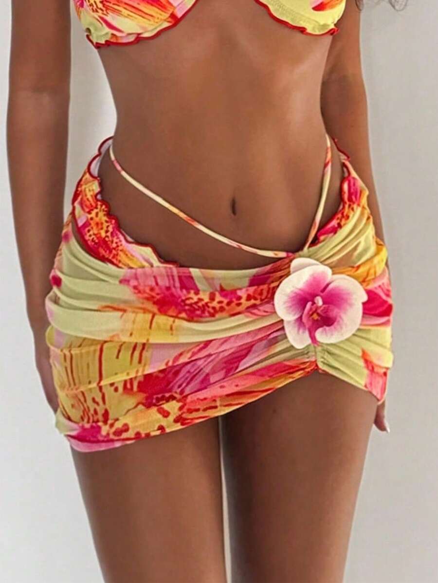 Bonvoyette Neues Damen Sichtschutz-Kleid mit zufälligen Blumendrucken, Seitenbandschnürung, 3D Blumendetail, Strand/Pool Mini Rock geeignet für alle