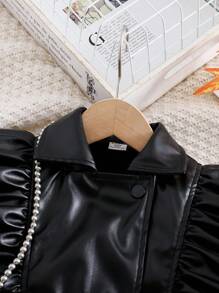 Young Girls Outerwear Co-Ords 2 Pieces Girls Black Faux Leather Jacket And Ruffle Shorts Set, Stylish Spring Summer Suit Girls Black Faux Leather Suit Set, Ruffle Lapel Jacket And Shorts For Party, School, Performance Black 2 Pieces Set Black Outfit Black Outfits For Leather Outfits Ruffle Outfit Black Outfits Black Pu Leather Outfit Girls Black Leather Outfit Set Young Girl Black Leather Shorts Set - Black - View 4