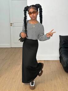 SHEIN Tween Girls Striped Loose Top + Strap Maxi Dress 2 Piece Set, Casual Daily Fashion Versatile Outfit Girls Black And White Stripe Shirt Long Black Skirt Skirt Two Piece Set Girls Black And White Striped Top And Black Maxi Skirt Set Teen Girl Skirt Set Girls Black And White Striped Top And Skirt Set Black And White Striped Shirt And Black Skirt - Black - View 6