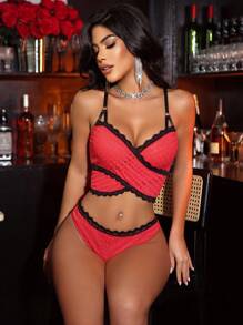 SHEIN Bộ 2 món đồ lót ren gợi cảm không gọng cho nữ, đi chơi - Đỏ - Xem 4