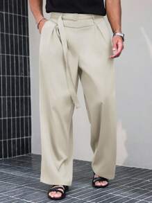 Manfinity Roghcode 男士黑色高腰百褶阔腿裤带腰部装饰配件，时尚百搭高腰裤阔腿裤百褶裤奶油色裤子宽松裤秋季 - 米色 - 查看 4