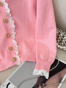 SHEIN LUNE Cardigan maglione casual da donna in colore tinta unita con inserti in pizzo, maniche lunghe