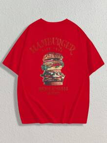 Manfinity RebelGame Men's Casual Loose Hamburger & Letter Graphic T-Shirt, Summer Men Graphic Tees Red Hamburger Graphic Tee Hot Dog Shirt Men Slogan Graphic Tee Food Graphic Tee Men Graphic Tees Red Streetwear Graphic Tee Burger Shirt - Red - View 6