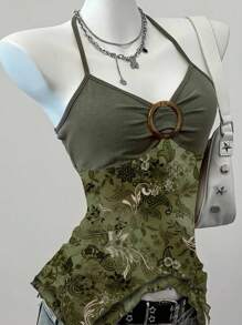 SHEIN EZwear Y2k 复古垃圾摇滚乡村音乐会复古印花网眼露背挂脖透视上衣橄榄绿上衣女式佩斯利花纹上衣适合外出 - 綠色 - 查看 5