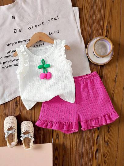 SHEIN Vintaside Kids Girls Elegant Sweet Ruffled Sleeve Cherry Texture Top And Ruffle Hem Shorts Set, Casual Fashion Outfit For Vacation, Travel, Birthday Gift, Summer