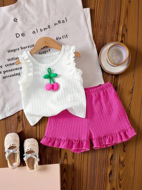 Conjunto de top de manga con volantes de textura de cereza elegante y dulce y shorts con bajo con volantes para niñas, conjunto de vestir informal para vacaciones, viajes, regalo de cumpleaños, verano