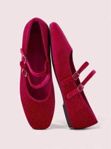 CUCCOO DOLLMOD New Arrival Women Flats With Rhinestone Dual Buckle Chic Ballerina Style Shoes, Red - Red - View 2