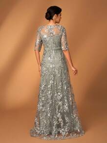 Serin 优雅奢华的灰色魅力泡泡珍珠水钻刺绣蕾丝V领薄纱短袖A字连衣裙，适合婚礼、单身派对、度假、舞会、晚宴、新娘母亲正式礼服、情人节等场合。 - 藕粉色 - 查看 3