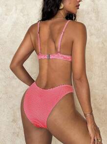 SHEIN Swim SS2025 女士春夏沙滩泳装，蓝白条纹，基本款休闲比基尼套装泳衣 - 紅白色 - 查看 2