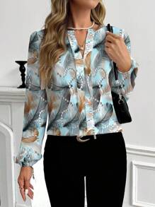 Shutterstock Glamance Women's Casual Feather Print Long Sleeve Shirt, Suitable For Spring And Autumn Feather Print Blouse Women Fashion Blouse Light Blue Blouse Elegant Blouse Fall Women Clothes - Teal Blue - View 3