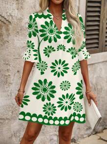 SHEIN Clasi 休闲花卉复古印花V领中袖女士短款连衣裙，适合夏季 - 彩色 - 查看 5