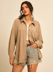 SHEIN VCAY Plus Size Women's Solid Color Drop Shoulder Long Sleeve Single Breasted Pocket Casual Shirt Oversize Shirt For Women Fall Going Out Travel Airport Button Up Shirt Women Top