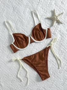 Swim Vcay Bikini 2 pièces en tissu texturé de couleur unie sexy pour femmes, idéal pour les vacances et les fêtes sur la plage