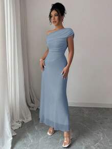 Modelyn Women's Mesh Shoulder Asymmetric Neck Pleated Hem French Elegant Charming Party Dress