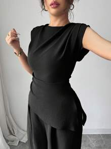 Selianne 2件套女士纯色褶皱圆领无袖上衣和连衣裙套装，适合大学穿着 - 黑色 - 查看 4