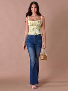 Enchnt 夏季浪漫女士奶油黄色花卉印花系带前褶皱方领吊带背心上衣，休闲舒适，适合生日、节日派对、甜蜜约会、日常通勤、度假和婚礼季节必备，夏季百搭女士，音乐会女士 - 黃色 - 查看 4