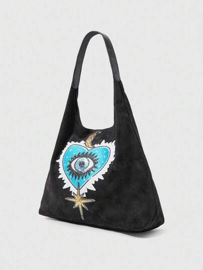 Fairycore 1pc Retro Eye Moon Star Sequins Velvet Shoulder Bag, Fashion Ladies Tote Handbag