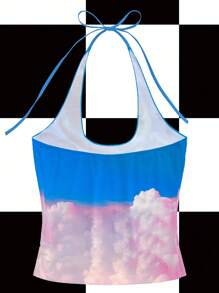 myriadwaveart Women's Summer Casual Sky & Cloud Print Halter Top - Multicolor - View 2