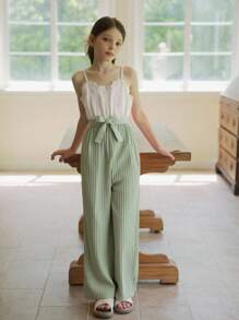 SHEIN Vintaside Kids Tween Girls' Flutter Ruffles Dress With Belt, Textured Fabric, Casual & Versatile, School, Campus, College - Mint Green - View 10