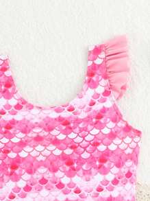 青少年女孩美人鱼鳞片印花连体泳衣，带网眼裙，适合度假穿着 - 彩色 - 查看 5