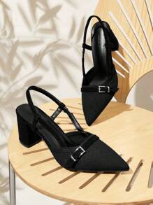 CUCCOO BASICS 时尚黑色尖头粗跟一脚蹬休闲鞋，适合通勤、约会、派对、度假 - 黑色 - 查看 1