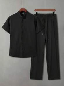 Manfinity Homme 男士立领黑色短袖衬衫和裤子套装，时尚现代，休闲装，成熟休闲通勤和度假装，送给丈夫或男朋友的礼物，情侣装，舒适装 - 黑色 - 查看 7