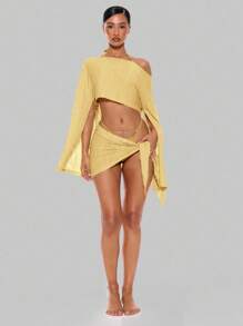 Musera Resort 不对称领口垂坠纹理长袖上衣仅限夏季春季假日度假性感伊比沙岛海滩装罩衫少女柔和色调