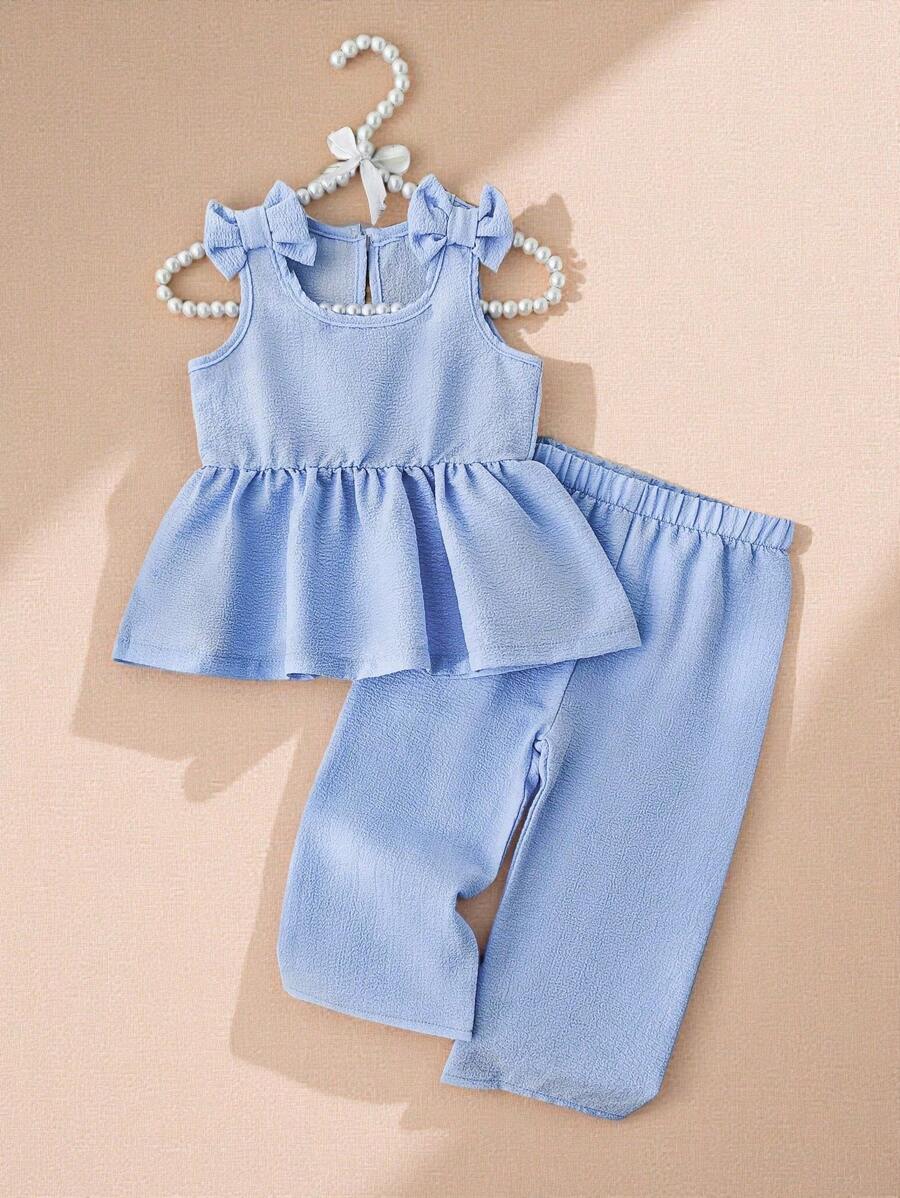 Souflis Souflis 1-3 Years Old Infant/Toddler Girls Casual Chic Simple Spring/Summer Blue Solid Textured Woven Camisole Top And Loose Wide Leg Pants Set - Blue - View 1