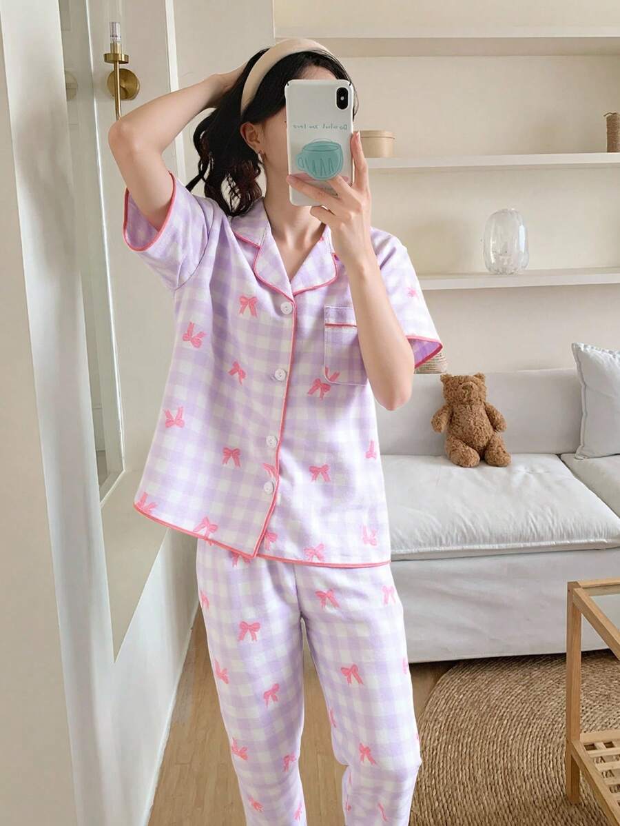 SHEIN 青少年女孩可爱格子蝴蝶结印花撞色翻领短袖衬衫和短裤睡衣套装,休闲舒适宽松两件套家居服 - 彩色 - 查看 1