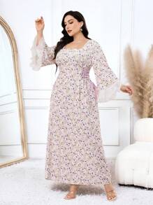 Al Najma Plus Size Vintage Elegant Contrast Color Tie-Up Women Arabic Style Long Dress - Multicolor - View 7
