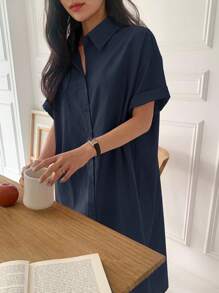 DAZY Vestido-camisa holgado de manga corta de longitud media para mujeres