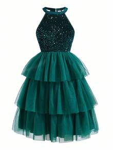 Sparklyn 少女优雅天鹅绒串珠无袖修身网眼蛋糕裙，秋冬奢华派对礼服 - 墨綠色 - 查看 4