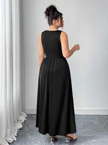 SHEIN Elenzya 大码女式黑色针织紧身珍珠边无袖优雅连衣裙，适合约会或派对 - 黑色 - 查看 2