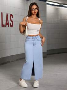 SHEIN PETITE 女士休闲时尚简约下摆开衩牛仔 A 字裙，日常穿着 - 藍色 - 查看 5