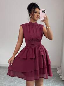 Elenzga 女士休闲通勤度假下午茶派对纯色雪纺褶皱面料小领腰部褶皱分层下摆无袖短款意大利风格荷叶边细节连衣裙 - 中紫紅色 - 查看 8