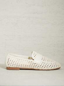 SHUZIA 女式休闲舒适一脚蹬钩编拉菲草乐福鞋 - 米色 - 查看 2