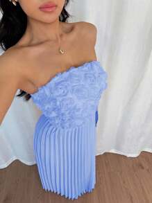 Rafferiza Váy xếp ly họa tiết hoa chắp vá cho nữ, thanh lịch và quyến rũ cho mùa hè - Màu xanh lam - Xem 5