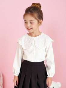 Genkimix Kids 全新年轻女孩时尚甜美蕾丝领白色长袖衬衫，百搭婴儿汗衫 - 白色 - 查看 9