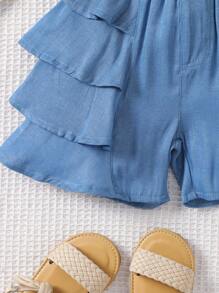New Fashion Cute Versatile Party Blue Ruffled Layer Shorts For Young Girl - Blue - View 7