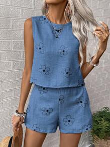 Breezaya 2 件套女士休闲无袖宽松上衣和短裤，夏季 - 藍色 - 查看 4