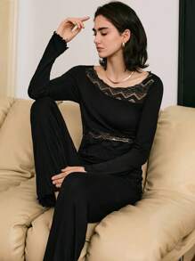 Lace Patchwork Mature Elegant Minimalist French Style Women Pajama Set, Fall Clothes - Black - View 3