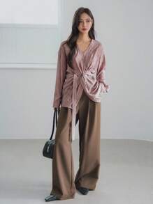 Dazy-Less 女士宽松办公风亚麻扎染印花不对称抽绳长袖衬衫，配扭结，适合春夏秋季穿着，商务休闲女装外出上衣 - 粉色 - 查看 4