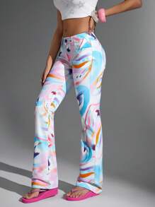 SHEIN Jeanoir Women's Fashion Tie-Dye Print Slim Flare Leg Jeans - Blue - View 3