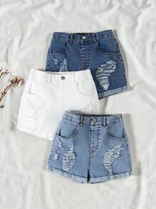 SHEIN Vintaside Kids 3 Pairs Of Girls Washed Multi-Color Ripped Skinny Denim Shorts, Casual Everyday Wear, Simple & Fashion Design, School, Campus, College - Multicolor - View 8