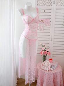 PetitDoll 2pcs Romantic Set: Long Slit Hem Pink Slip Dress With Mesh Insert & Camisole With T-Strap - Pink - View 6