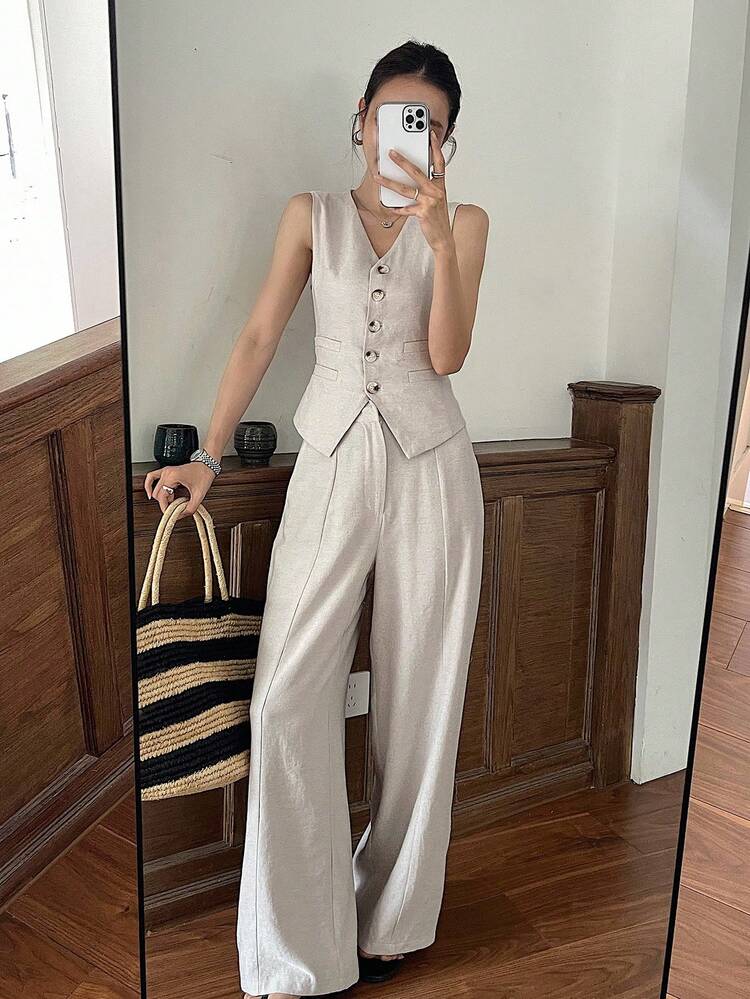 Women Single-Breasted Vest And Pants Casual 2 Pieces Set