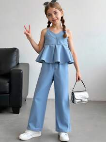 Girl Sleeveless 2-Piece Set, New Summer Fashion Ruffled Crop Top Paired With Straight Leg Denim Jeans Pants, Casual Youth Outfit - Light Wash - View 1